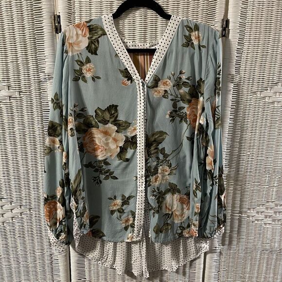 Soft Surroundings Montage Blouse Women's Size Large Blue Floral Polka Dots - Picture 2 of 10